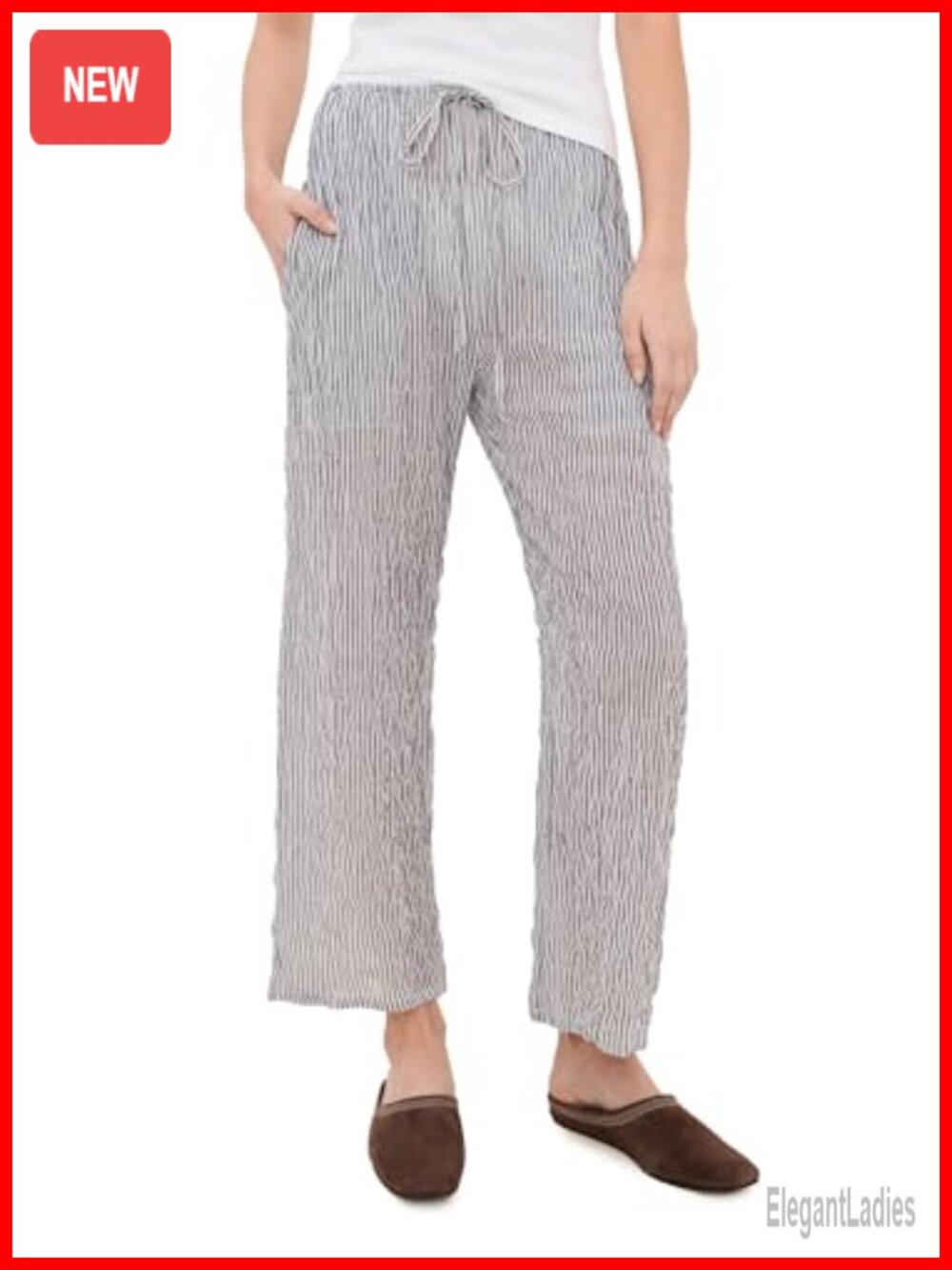 Womens Loose Fit Ankle Length Striped Casual Pants Drawstring Waist